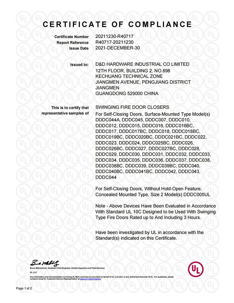 Matswart aluminiumlegering brandgegradeerde ANSI-sertifiseringdeursluiter-DDDC021BC-MB