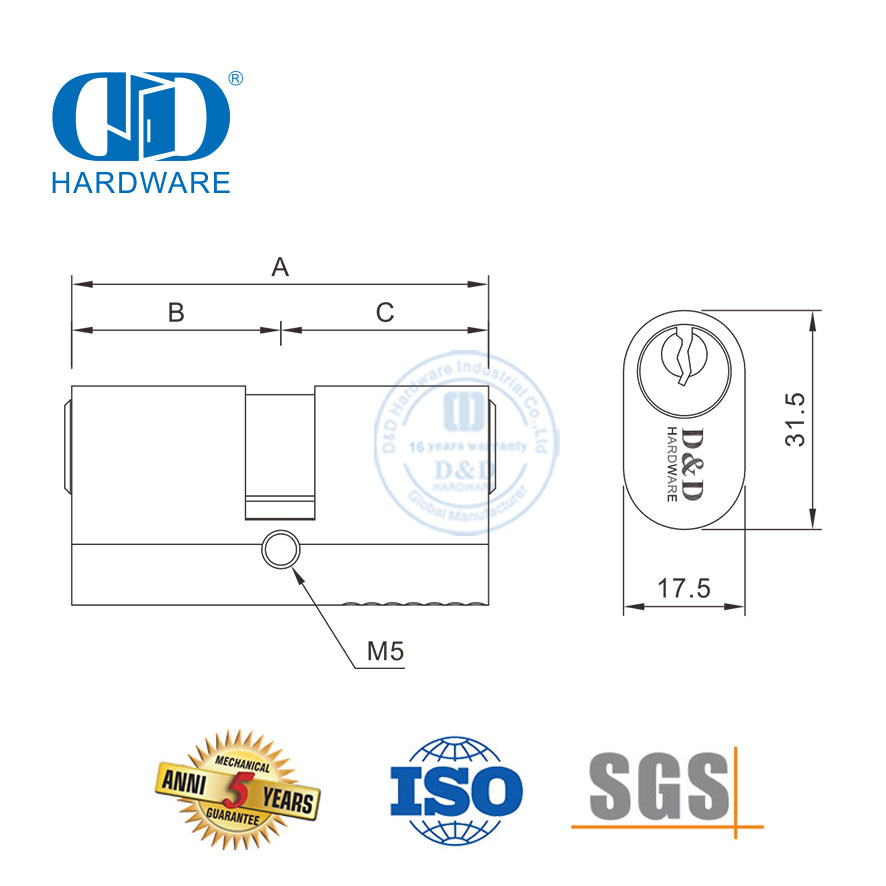 Soliede koper ovaalvorm Euro profiel dubbel oop slot silinder-DDLC008-70mm-SN