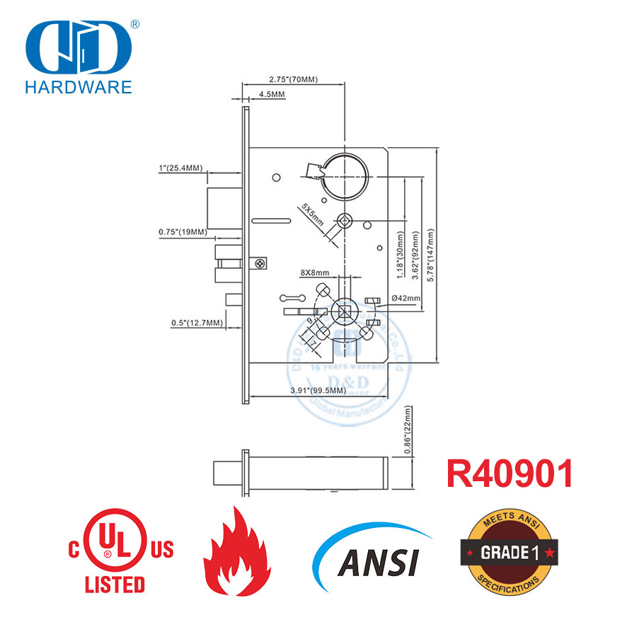 UL-brandgegradeerde hoë sekuriteit ANSI-deurgatslot vir woonstelgebou-DDAL20
