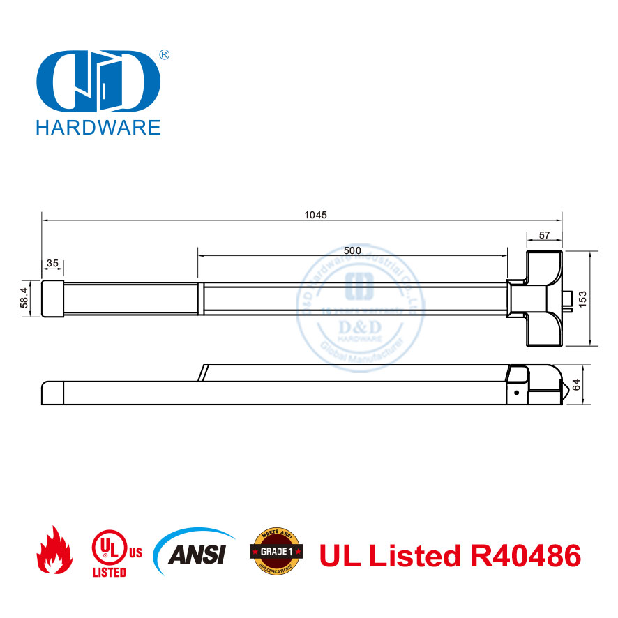 UL-genoteerde UL10C brandgegradeerde deurtoebehore Touch Bar Rim Exit Device-DDPD023-SSS