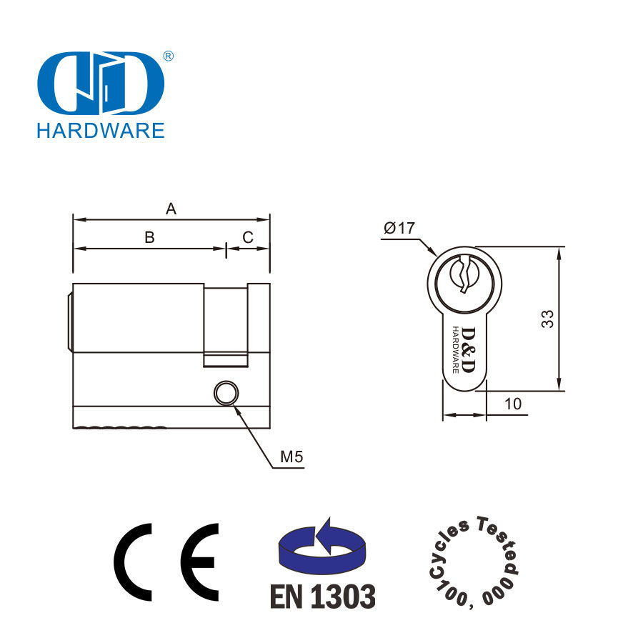 EN 1303 Soliede koper halfsluitsilinder met gewone sleutel-DDLC010-45mm-SN