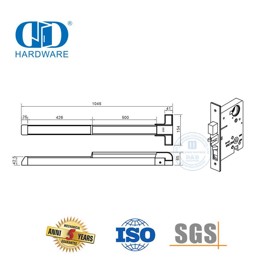 SUS 304 Panic Exit Hardeware met American Standard Mortise Lock-DDPD039-SSS