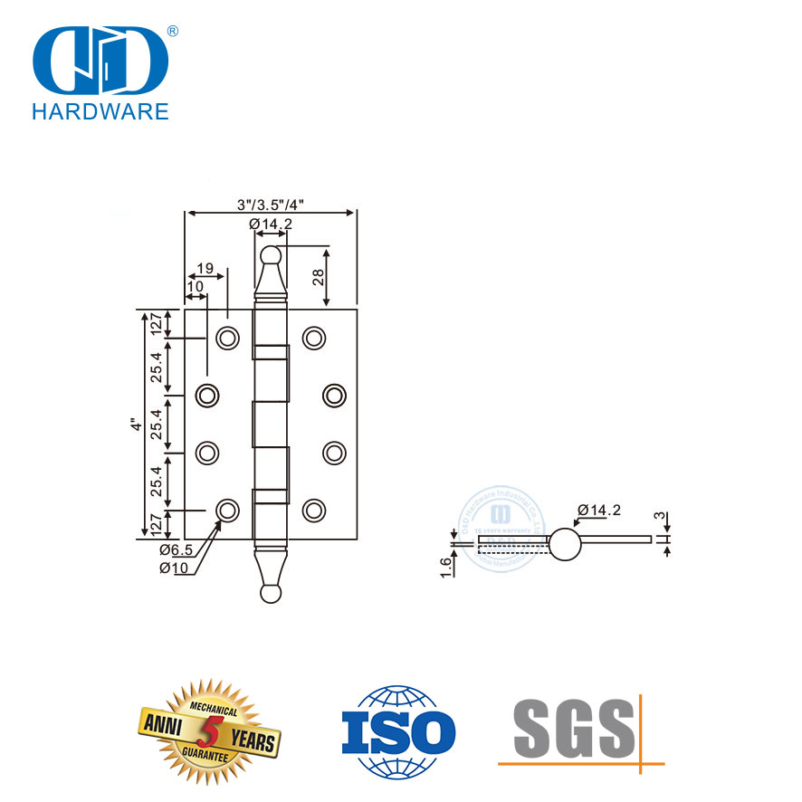 Houtdeur hardeware vlekvrye staal skarnier met kroonpunt-DDSS034-B