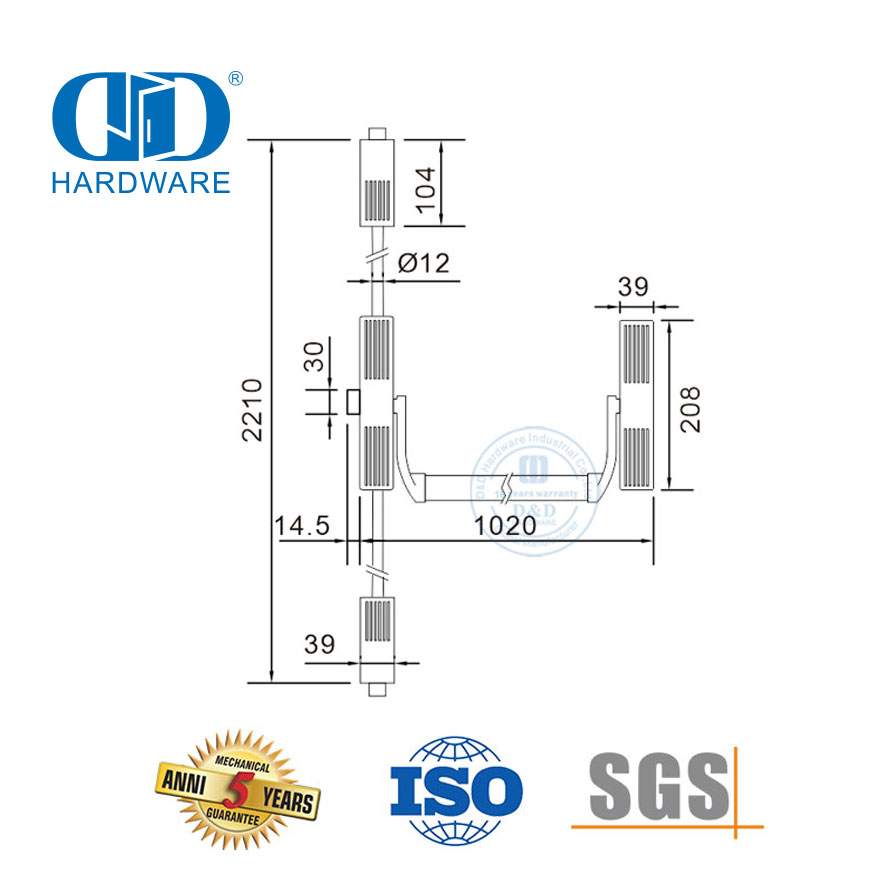 Staal Panic Exit Hardware Vertikale Dwarsbalk vir Nooduitgang-DDPD036