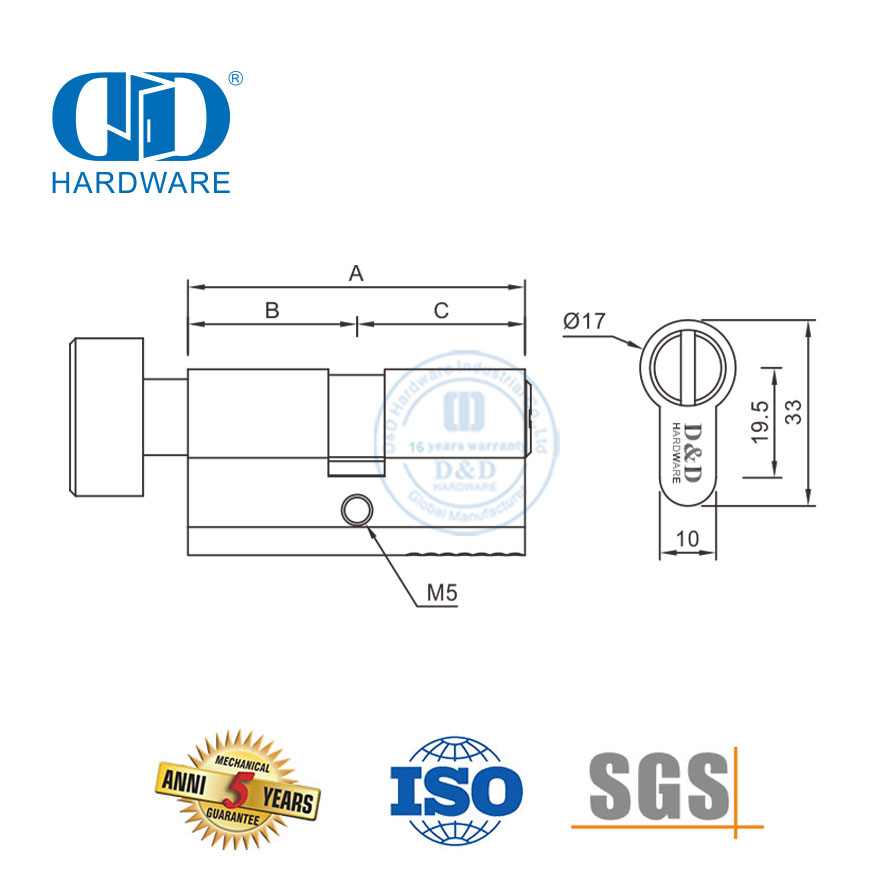 Satynkoper-badkamergatslotsilinder met EN 1303-sertifisering-DDLC007-70mm-SB