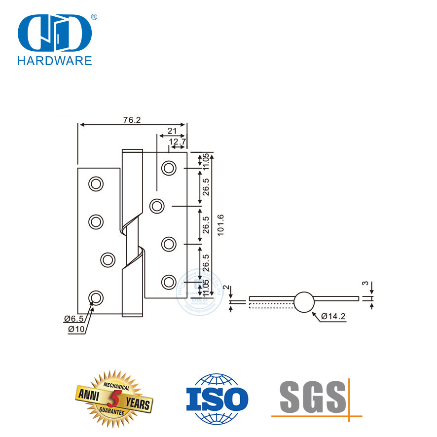 Hoë kwaliteit twee knokkels vlekvrye staal metaal deur hardeware stygende skarnier-DDSS016