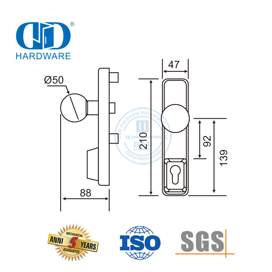SS 304 Panic Exit Device Escutcheon Knop Trim met Slot Silinder-DDPD013-SSS