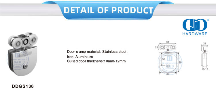 Deurklem Vlekvrye staal yster skuifdeur Hang roller deur hardeware glas passtuk vir stort badkamer-DDGS136