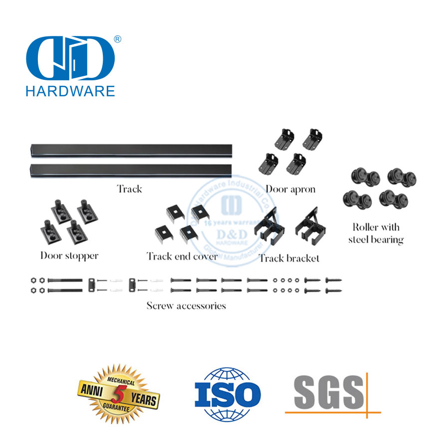 Vlekvrye staal Swart Swaardiens Dubbele skuifdeur Hardeware Bypass Schuur Deur Hardeware Woonstel Kit-DDBD041