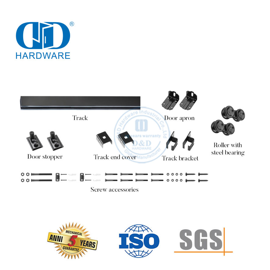Vlekvrye staal Heavy Duty Metal Track Kit Gebuigde Hanger Skuifdeur Hardeware Hout Schuur Deur Hardeware-DDBD035