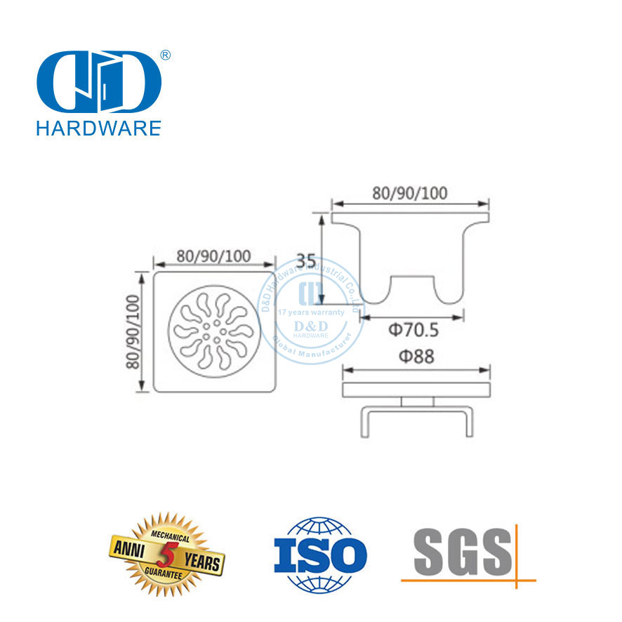 Hoë kwaliteit vlekvrye staal sanitêre vloerafvoer Vierkante vloerafvoer Badkamer hardeware-DDFD006