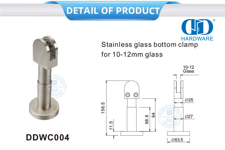 Vlekvrye staal hardeware-bybehore Chrome stortglas-klippleister Pas glasverbindings onderste klem vir toilet-DDWC004