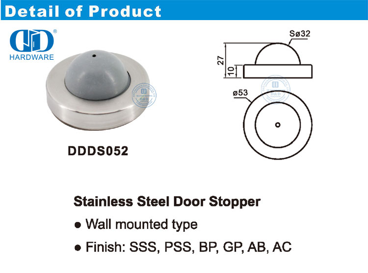 Muur gemonteerde tipe vlekvrye staal deurstopper met slaapkamerdeurdeur-DDDS052
