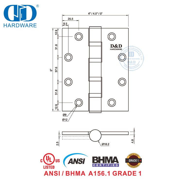 Fabrieksprys UL-genoteerde Bhma-sertifikaat Brandgegradeerde vlekvrye staal NRP kommersiële deurskarnier-DDSS001-ANSI-1-4.5x4.0x4.6mm