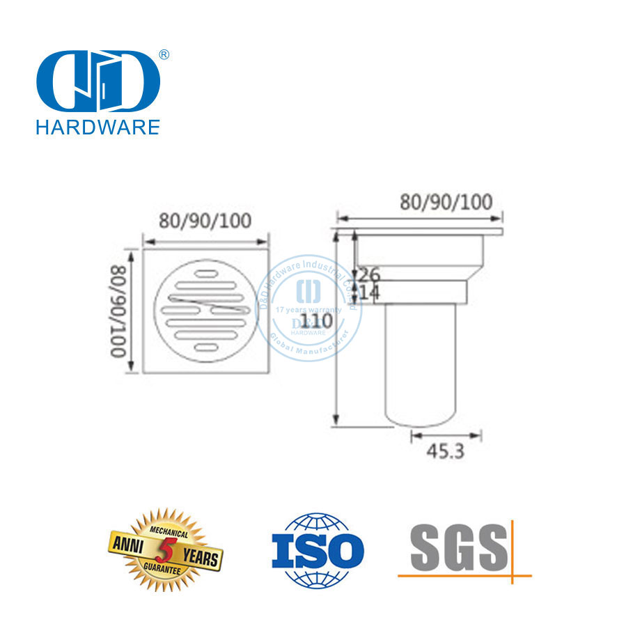Hoë veiligheid vlekvrye staal Vierkante vloerafvoer Badkamer Stort Afvoer Badkamer Hardeware vir glasdeur-DDFD0011