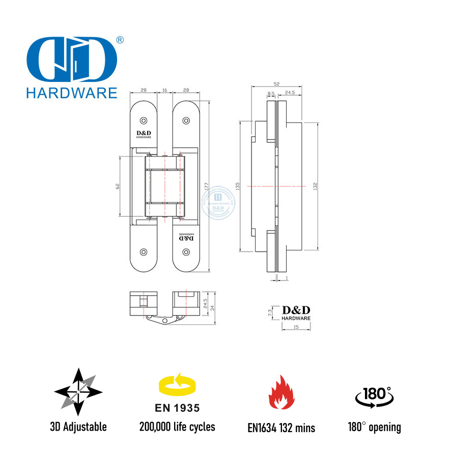 Hoë kwaliteit EN1935 Heavy Duty 3D onsigbare skarnier vir branddeur-DDCH008-G80